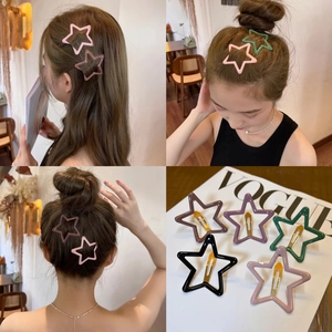 Set of colorful Y2K star-shaped BB hair clips for girls, shown on model and magazine