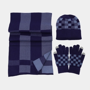 Winter 3-piece knit set with checkerboard pattern beanie, scarf, and touchscreen gloves