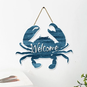 Blue wooden crab welcome sign with nautical rustic texture and jute rope hanging decoration