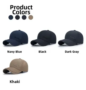 Détail de casquettes de baseball en coton avec broderie Classic en bleu, noir, gris et kaki