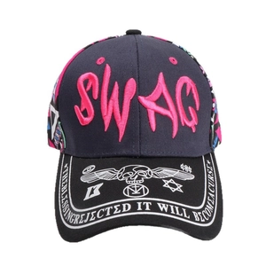 Fashionable navy blue baseball cap with pink SWAG embroidery and printed brim