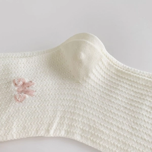 Detail of white breathable mesh socks featuring a cute pink bear knit pattern