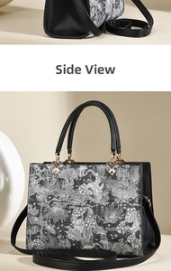 Dettaglio della borsa in jacquard bianco e nero con eleganti finiture in metallo oro