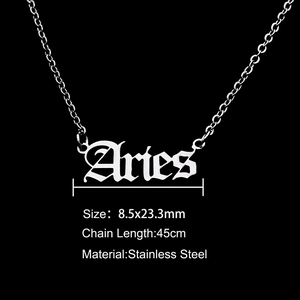 Technical view of Aries stainless steel zodiac necklace with dimensions and material specs