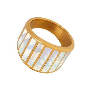 Wide vintage gold titanium ring with rectangular white seashell inlays for women