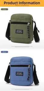 Vertical nylon crossbody bags in army green and blue with adjustable black straps