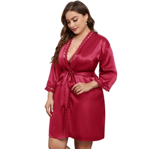 Red satin lace bathrobe for women with silk-like sheen and elegant waist tie closure