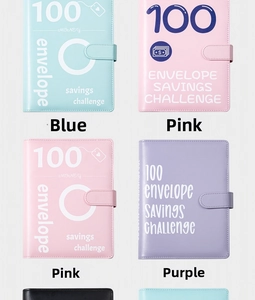Macro shot showing blue, pink and purple PU leather 100 day challenge money saving binders