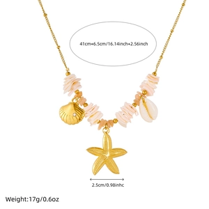 Golden starfish and shell necklace with beads, 41cm length, for beach vacation