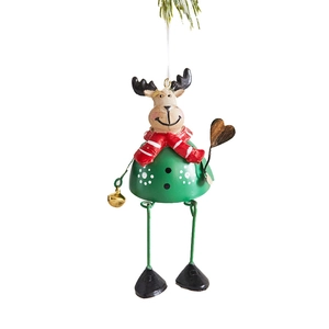 Creative metal Christmas reindeer ornament with red scarf and bells hanging on white background