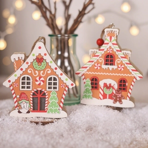 Illuminated wooden gingerbread house Christmas ornaments with Santa and gingerbread man