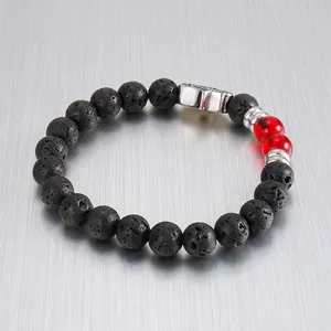Beaded Bracelet Black Lava Rock Stone With Stainless Steel Hamsa Hand Pendant Red Beads Elastic Healing Jewelry For Men