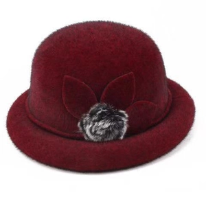Women Winter Cloche Hat Woolen Polyester Elegant Floral Decor Faux Fur Ball Warm Retro Bucket Cap
