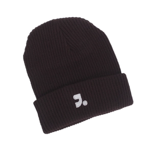 Detailed close-up of dark brown knitted beanie featuring white embroidered J. logo on cuff
