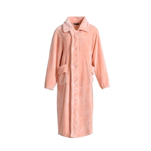 Pink coral fleece long nightgown with ruffles, large collar and deep front pockets