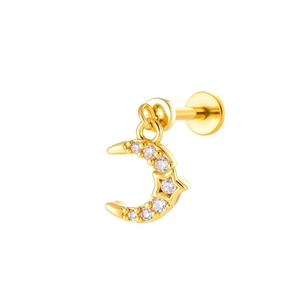Gold internal thread labret stud featuring a micro-pave zirconia moon dangling charm