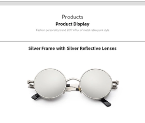 Detailed view of silver metal punk sunglasses with unique spring hinge and round reflective lens
