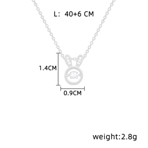 Detailed technical diagram of silver bunny pendant with chain length and size dimensions
