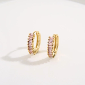 18K gold plated hoop earrings with rectangular pink zircon stones in a vintage minimalist design