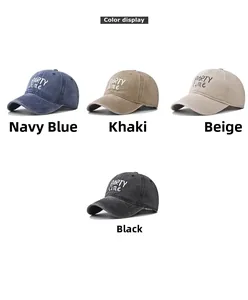 Detailed color display of four washed cotton baseball caps with Party Time embroidery
