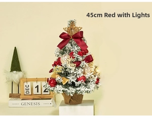 Close-up of 45cm mini tabletop Christmas tree with red bows and warm LED lights