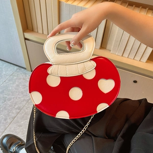 Sweet Mushroom Shaped Handbag Polka Dot Heart Pattern PU Leather Crossbody Bag Novelty Shoulder Purse With Metal Chain