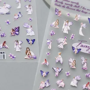 Autocollants ongles relief fée violette et fleurs style japonais, fini mat fin