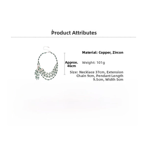 Detail view showing dimensions of green bead tassel necklace with copper and zircon
