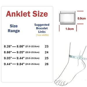 Detailed size chart for stainless steel Italian charm bracelet showing link measurements