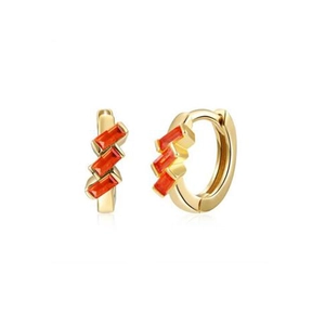 Close-up of golden geometric hoop earrings with three orange rectangular zircon stones