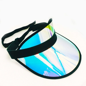 Iridiscent PVC sun visor hat with adjustable black elastic headband for UV protection