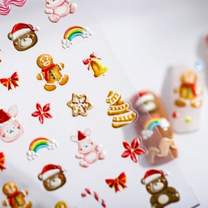 3D relief Christmas nail stickers featuring gingerbread man, bears, and holiday trees
