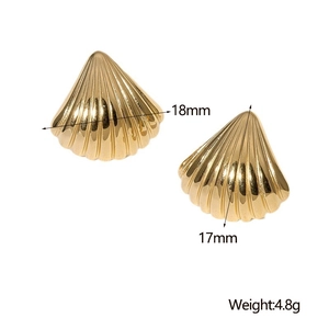 Detail view of 18K gold plated shell earrings with dimensions 18mm by 17mm and 4.8g weight