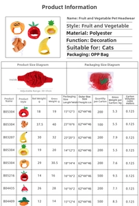 Detailed size chart for funny pet hats including strawberry, banana and pumpkin styles