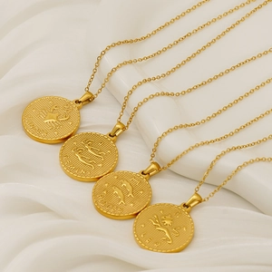 Zodiac Sign Coin Pendant Necklace Retro Relief Stainless Steel Gold Plated Astrology Jewelry For Women Men