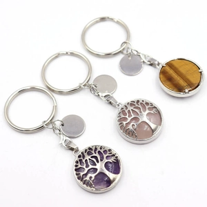 Detail view of tree of life pendants in tiger eye, rose quartz and amethyst stones