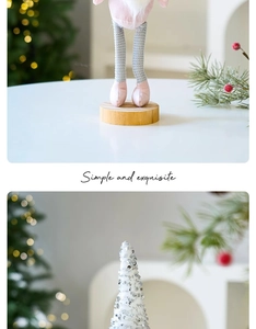 Detail of pink Christmas gnome legs on wood base and white sequined tree ornament