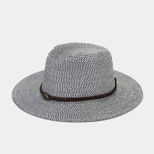 Detailed view of bicolor straw hat with brown leather band and metal buckle accent