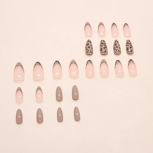 Brown leopard print French almond press on nails set with glossy finish and solid colors