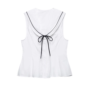 Women Sailor Collar Sleeveless Top Preppy Style Contrast Trim Bow Tie White Polyester Blouse Shirt Casual Summer Wear