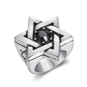 Vintage stainless steel ring for men featuring a hexagram star and black faceted gemstone