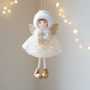 Christmas angel doll with mesh skirt, plush hat and golden wings hanging decoration