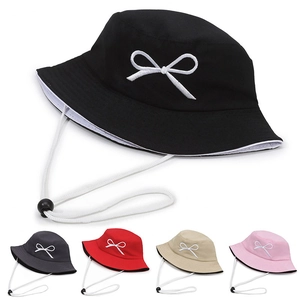 Women's Cotton Double Sided Bucket Hat With Detachable Windproof Rope Embroidery Bow Sunshade Fisherman Hat For Summer Travel