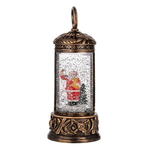 Retro bronze Christmas snow globe lantern featuring Santa Claus and interior glitter