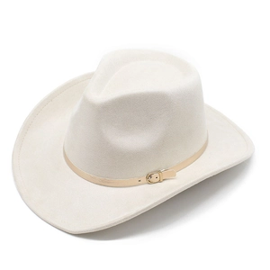 Detailed top view of a wide brim beige suede cowboy hat with a minimalist buckle belt