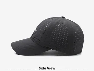 Side view of dark grey quick-dry baseball cap featuring breathable laser-cut side vents