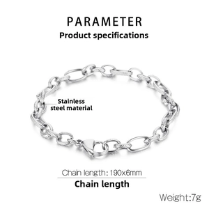 Detail of silver stainless steel chain bracelet with textured oval links and lobster clasp