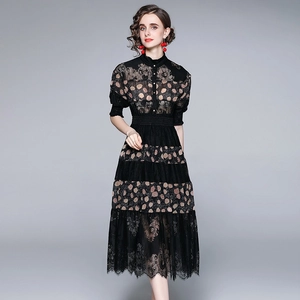 Elegant black lace polka dot dress with stand collar and cinched waist for women