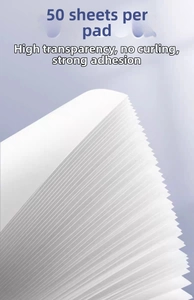 Close-up of translucent sticky notes stacked with 50 sheets and high transparency