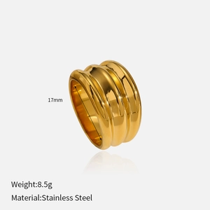 Macro detail of 17mm gold stainless steel ribbed ring with weight and size specs